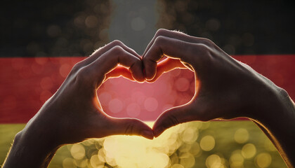Hands form a heart in front of the German flag. Symbol of pride in the German homeland