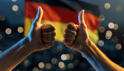 Hands show thumbs up as a symbol of success and satisfaction. In the background, the German flag