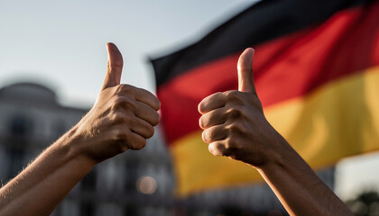Hands show thumbs up as a symbol of success and satisfaction. In the background, the German flag