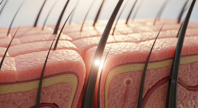 Human skin layers with hair follicles and growing strands