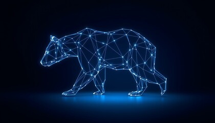 Blue polygonal wireframe bear silhouette walking against a dark blue gradient background geometric abstract