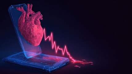 A digital representation of the human heart, emerging from a modern digital device, intertwining with a downward trending heart rate graph. ..Created with Generative AI, not depicting real subjects.