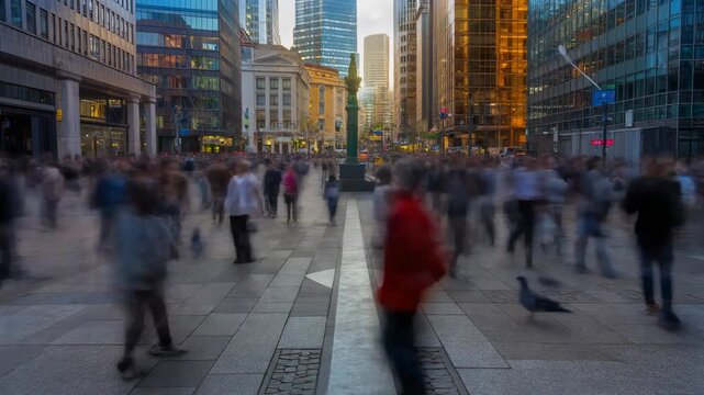 Busy city square with pigeons and people walking in urban environment with modern buildings and historic monument