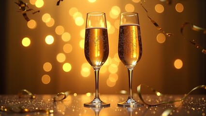 Two sparkling champagne flutes filled with golden bubbly, set against a warm bokeh background with confetti and streamers for celebration.