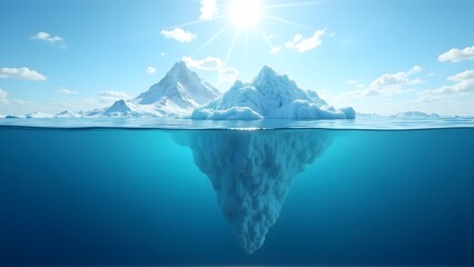 Sunlit iceberg floating in clear blue ocean with underwater view, snow-capped mountains in background. Arctic landscape showcasing ice formation and marine environment.