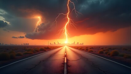 Dramatic desert highway at sunset with lightning strikes illuminating the sky, city skyline in distance, cracked road, and intense orange-red clouds.