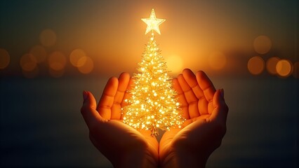 Warm hands cradling a glowing Christmas tree with star topper, festive lights against soft bokeh background. Perfect for holiday inspiration and seasonal content.