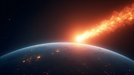 Astronaut's view of Earth with a fiery comet streaking across the sky, showcasing cosmic beauty and celestial phenomena.