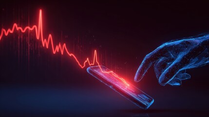 A conceptual image depicting a digital hand interacting with a glowing smartphone overlaid with a red, downward-trending financial graph. ..Created with Generative AI, not depicting real subjects.