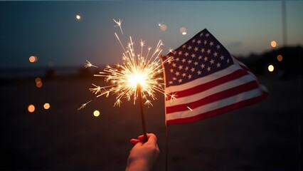 Sparkler and American flag at dusk, celebrating patriotism with vibrant lights against a serene beach backdrop.