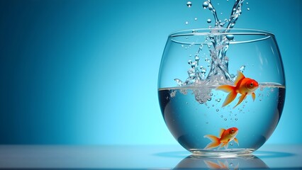 Vibrant goldfish in a clear glass bowl with water splash, blue background. Perfect for aquarium decor and nature photography.