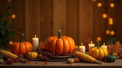 Warm autumn scene with pumpkins, corn, candles, and fall decor. Perfect for Halloween and Thanksgiving celebrations. Cozy, festive atmosphere with soft lighting.
