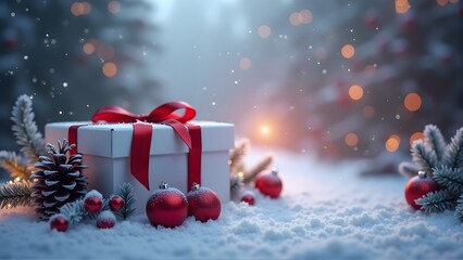 Snowy Christmas scene with white gift box, red ribbon, and festive ornaments on snow. Perfect for holiday decor and warm winter vibes.