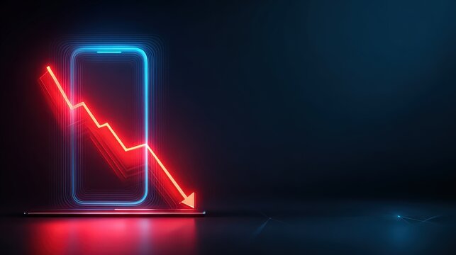 An abstract depiction of a smartphone overlaid with a red neon declining graph illustrates the concept of technology decline. ..Created with Generative AI, not depicting real subjects.