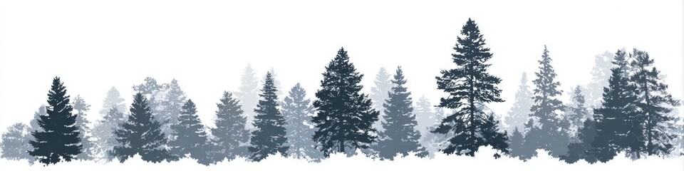  Evergreen Trees Layered in Winter Landscape, Moody Natural Background, Mountainous Coniferous Woodland.
