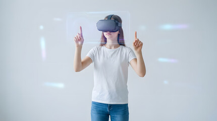 Young woman immersed in a futuristic virtual reality experience, interacting with a digital interface using innovative extended reality technology