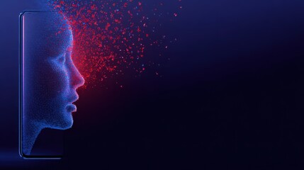 An abstract digital face emerges from a smartphone screen, pixels dissolving into an ethereal cloud, representing technology's impact. ..Created with Generative AI, not depicting real subjects.