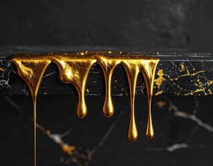 Close-up of glossy, golden liquid dripping over dark, marbled surface