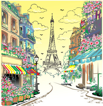 Romantic Paris street vector illustration featuring the Eiffel Tower, colorful flowers, charming cafes, and classic European buildings in a warm artistic style