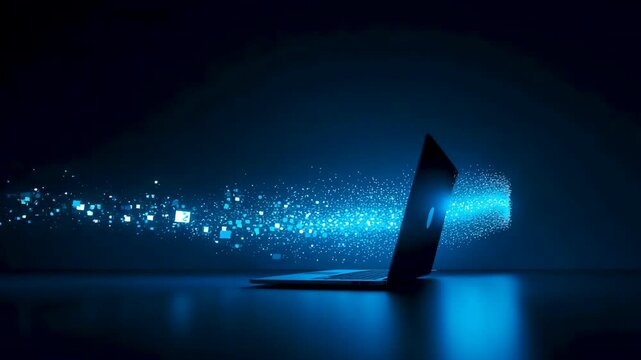 Blue light beam striking tilted rectangular panel on reflective surface in dark studio scene
