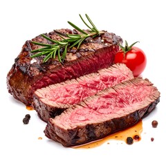 Sliced grilled steak with herbs and cherry tomatoes