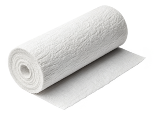 Textured, tightly wound roll of white plaster bandage material, displaying a slightly crumpled and fibrous surface, partially unrolled and resting on a flat, isolated on transparent background.