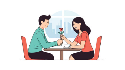 A man giving a red rose to a smiling woman on a romantic date in a cafe with a city view.