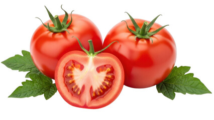 Three tomatoes, one halved, isolated on transparent background