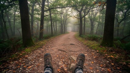 Hikers boots on forest trail with fog.
