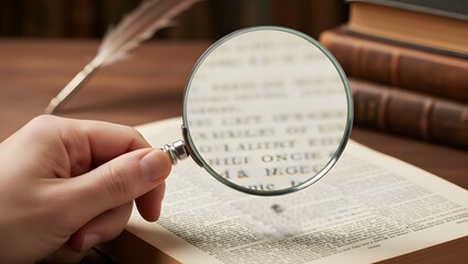 Hand holding magnifying glass over document.