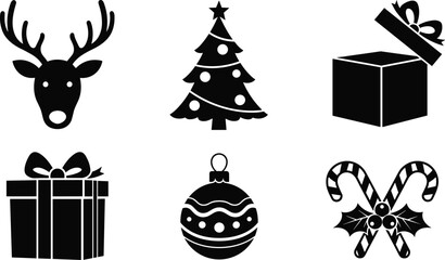 Christmas silhouette icons, reindeer head, decorated Christmas tree with star, open gift box, wrapped present with bow, ornament ball, crossed candy canes with holly © Manu