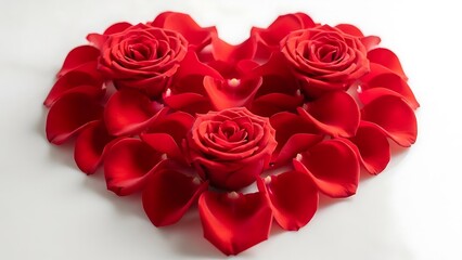 Heartshaped arrangement of red roses on a white background