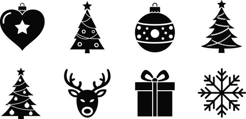 Christmas silhouette icons, holiday ornaments and decorations, multiple Christmas trees with stars and garlands, heart ornament, round bauble, reindeer head, gift box, snowflake © Manu