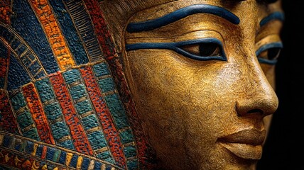 Macro golden image looking to the right of the face of an Egyptian pharaoh with a black background