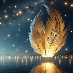 A floating lantern shaped like a large soft feather