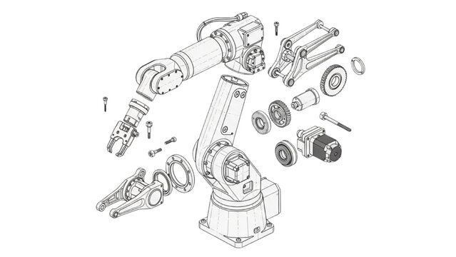 Exploded View of Robotic Arm Assembly Parts with Mechanical Components and Tools in Technical Illustration