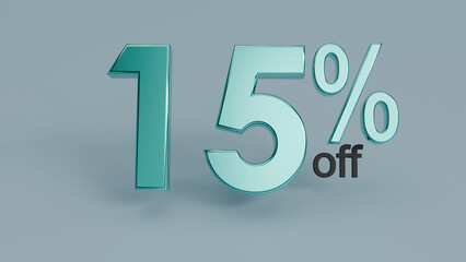 15% Off Special Offer 3D Rendered Typography. Vibrant Green Cartoon Style Text for E-commerce Clearance and Commercial Advertising Campaigns.