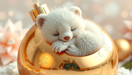 A soft fluffy bear cub with a creamy white and pale beige fur, curled up on a huge shiny Christmas ornament that reflects a warm golden light, against a gentle dreamy background
