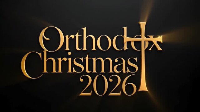 Minimal luxury typography for &ldquo;Orthodox Christmas 2026&rdquo;, thin serif lettering, glowing golden cross replacing the letter &ldquo;T&rdquo;, dark matte background, subtle light rays, elegant sacred branding style,