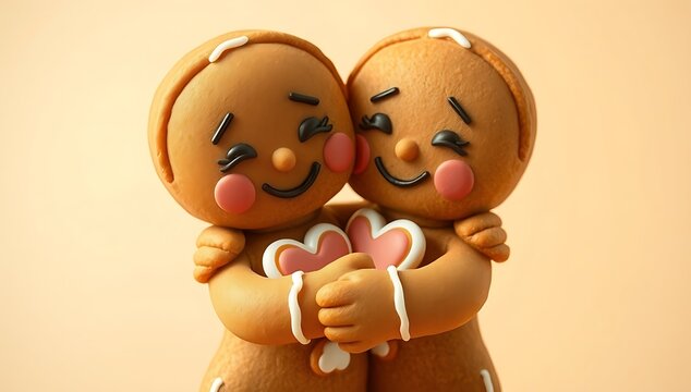 Two tiny gingerbread kids with smooth golden brown skin and delicate icing details are hugging each other tightly, their big round shining eyes sparkling with joy, icing hearts on their chests