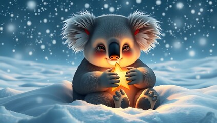 A chubby koala with soft, fluffy fur and a sweet expression, sitting comfortably in a blanket of pristine snow, gently cradling a glowing star in its paws, set against a twinkling winter sky filled wi