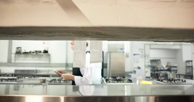 Hands, woman and reading receipt in restaurant kitchen for food order with meal preparation. Female person, chef and review slip for customer service, special request and quality control for cuisine