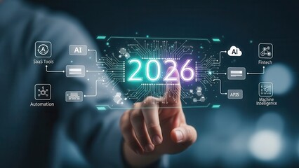 Hand touching 2026 future technology hologram with AI, automation, SaaS, APIs, and fintech icons.