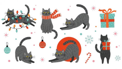 Festive Grey Cats Celebrating Christmas with Gifts and Ornaments