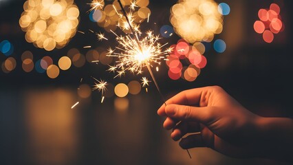 Hand holding sparkler on a festive night.