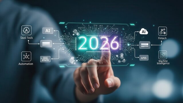 Hand touching 2026 future technology hologram with AI, automation, SaaS, APIs, and fintech icons. - Powered by Adobe