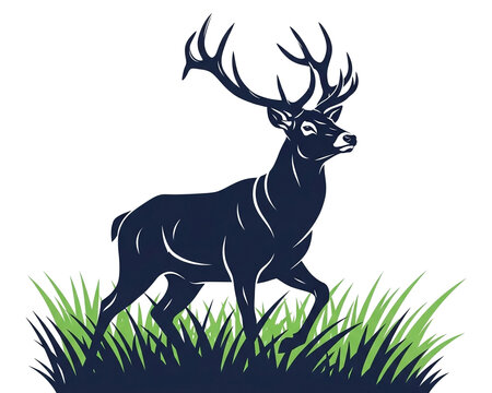 A wild buck with large antlers stands as a silhouette against green grass in this nature illustration of a majestic deerA wild buck with large antlers stands as a silhouette against green grass in thi