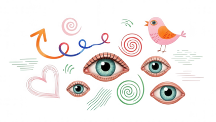 Whimsical Illustration of Eyes, Bird, and Colorful Symbols on Black Background