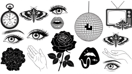Dark Aesthetic Collage with Eyes, Insects, and Retro Objects