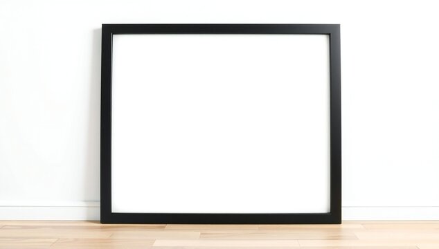 Empty black picture frame leaning against a white wall on a wooden floor